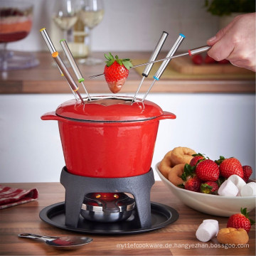 Schoko-Gusseisen-Fondue-Set mit Brenner und farbcodierten Zinken